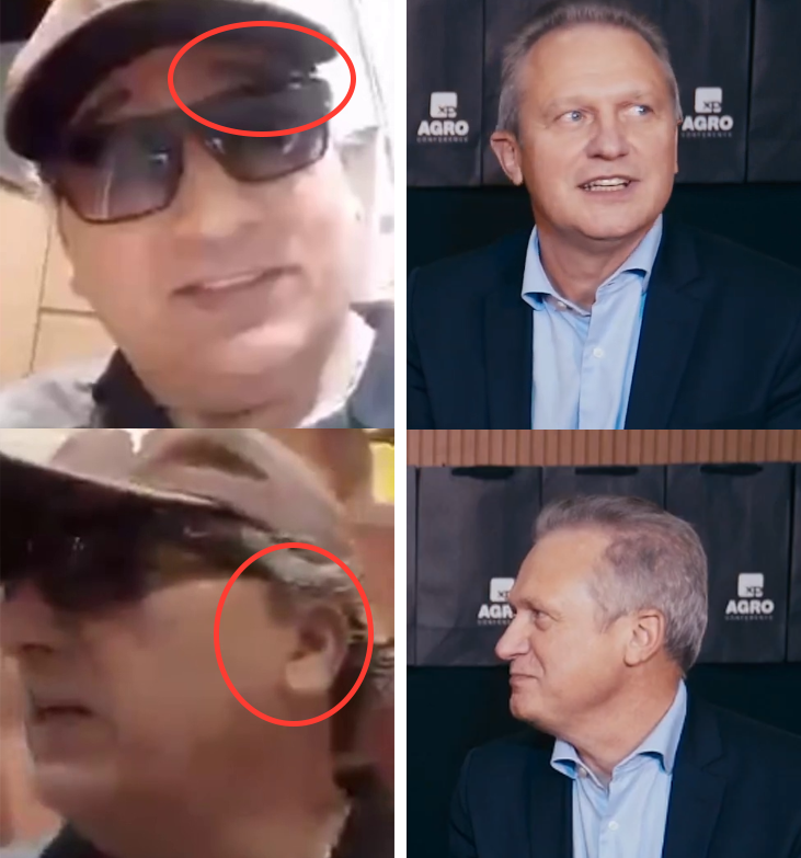 Comparação entre frames do vídeo e imagens de entrevista de Tomazoni mostra diferenças nas sobrancelhas e orelhas