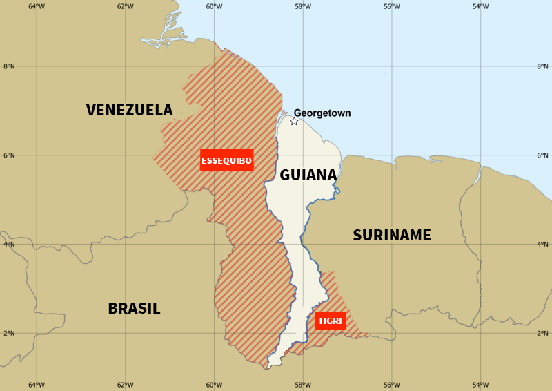 Mapa mostra localização do território de Essequibo, que faz fronteira com a Venezuela e o Brasil