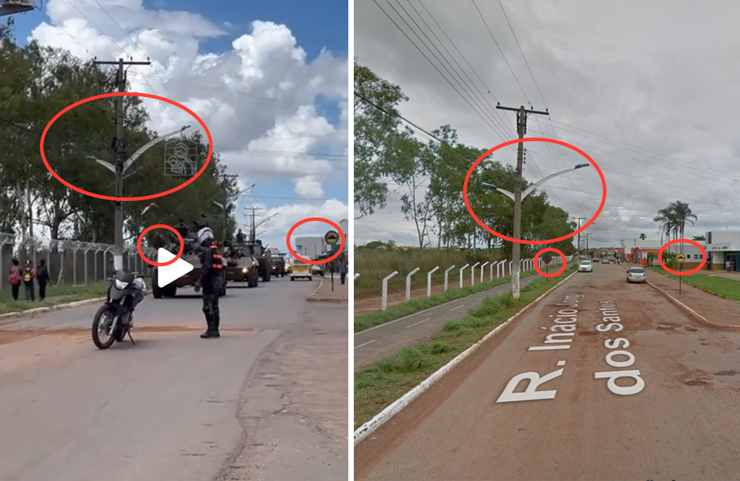 Comparação entre frame de vídeo e imagem do Google Maps da cidade de Cristalina (GO) com destaques para os postes e placas