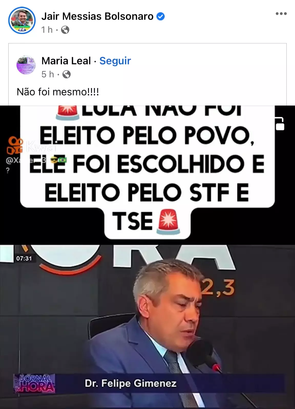 Print de postagem apagada por Bolsonaro no Facebook