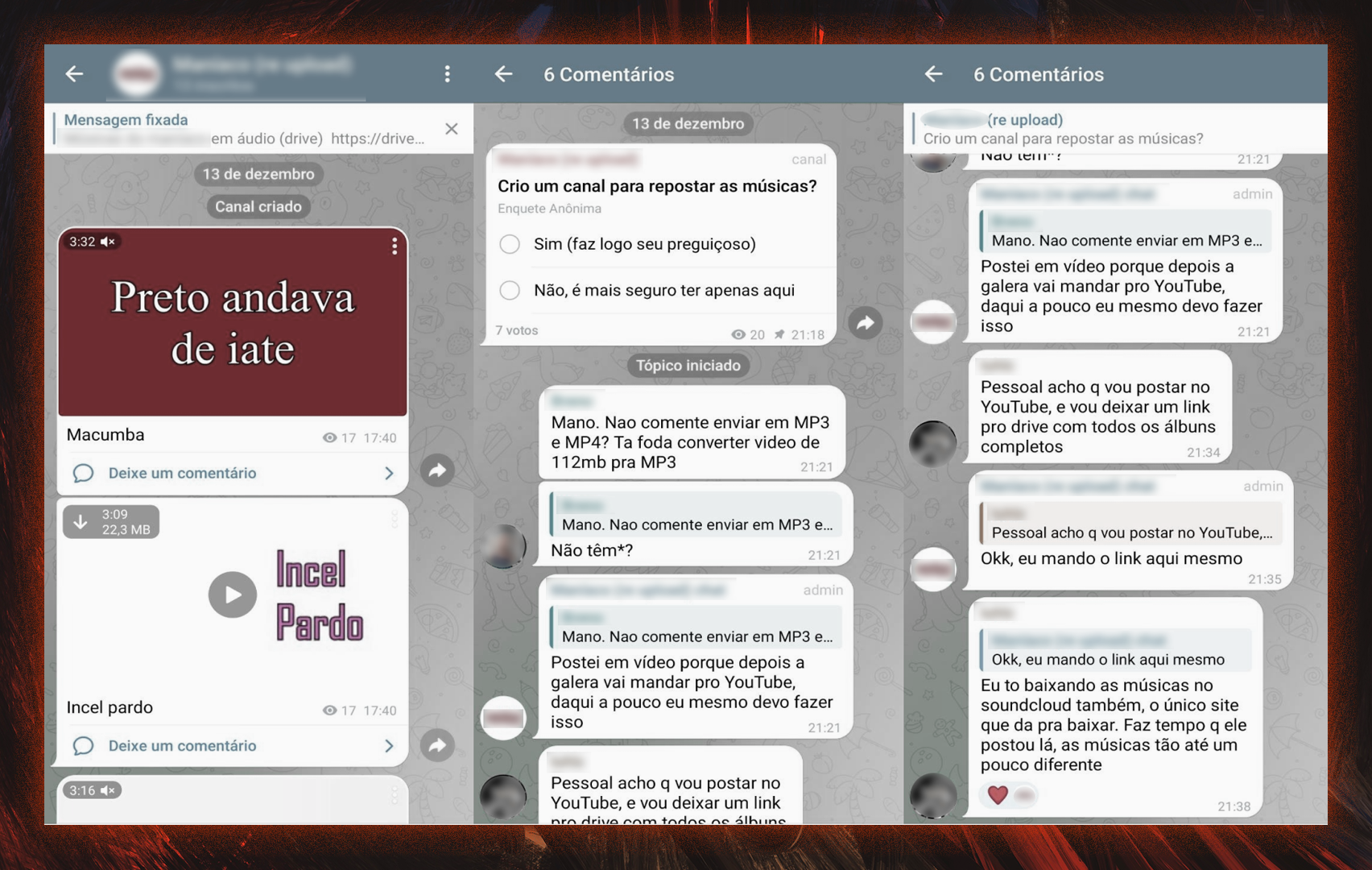 Print de comunidade no Telegram mostra diálogo entre fãs de Maníaco, que discutem ações para salvar suas músicas. Além da conversa, é possível ver o endereço parcial de um drive, alguns vídeos e uma enquete.