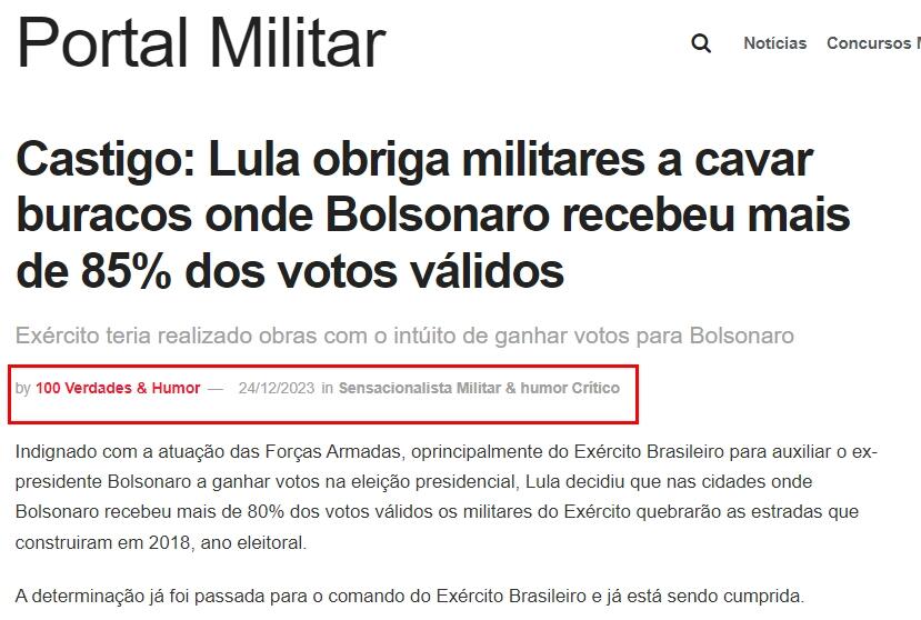 Posts difundem texto satírico do Portal Militar sobre ação de militares em destruir estradas a mando de Lula como se fosse uma notícia real