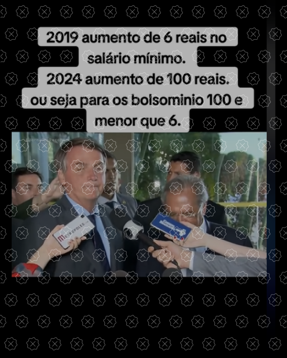 Post engana ao anunciar que Bolsonaro aumentou o salário mínimo em R$ 6, de R$ 1.039 para R$ 1.045, em fevereiro de 2020, como se fosse o único aumento no ano. Reajuste em 2020 foi de R$ 47.
