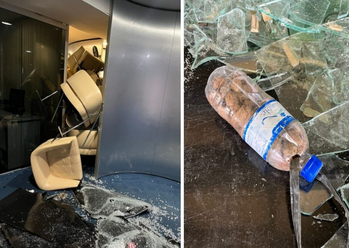 Fotos da Câmara dos Deputados mostram garrafa plástica cheia de pedras usada por manifestantes como arma para quebrar instalações dos Três Poderes
