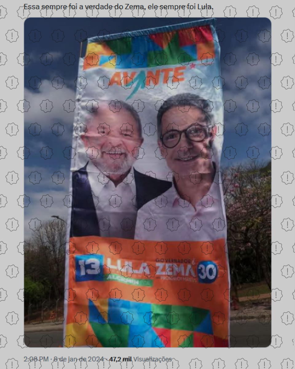 Tuíte mostra cartaz do Avante mostra rosto de Lula e Zema lado a lado; acima, legenda sugere que governador ‘sempre foi Lula’