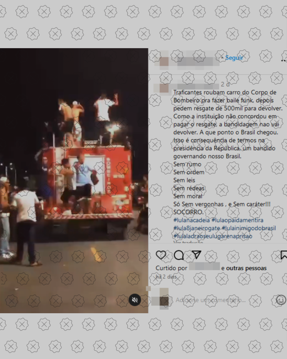 Vídeo de pessoas dançando funk em cima de caminhão dos bombeiros circula com legenda enganosa no Instagram