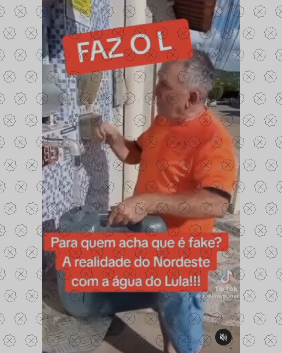  Vídeo mostra homem enchendo galão de água por meio de chafariz no exterior de uma loja; sobre o vídeo há a legenda ‘a realidade do Nordeste com a água do Lula’