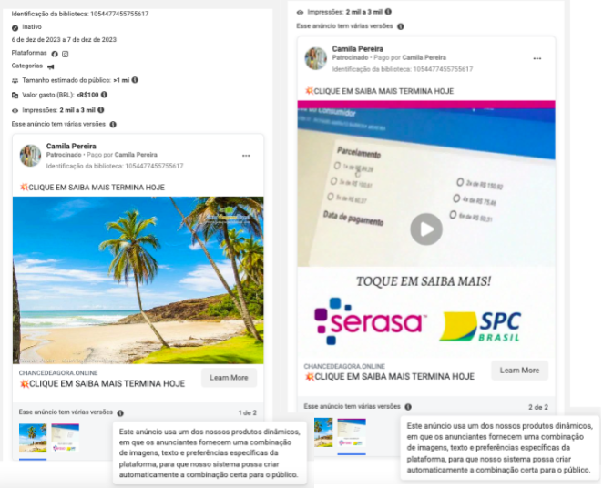 Anúncios veiculados em plataformas da Meta usam texto genérico, imagem de praia e vídeo de tela de computador para burlar moderação