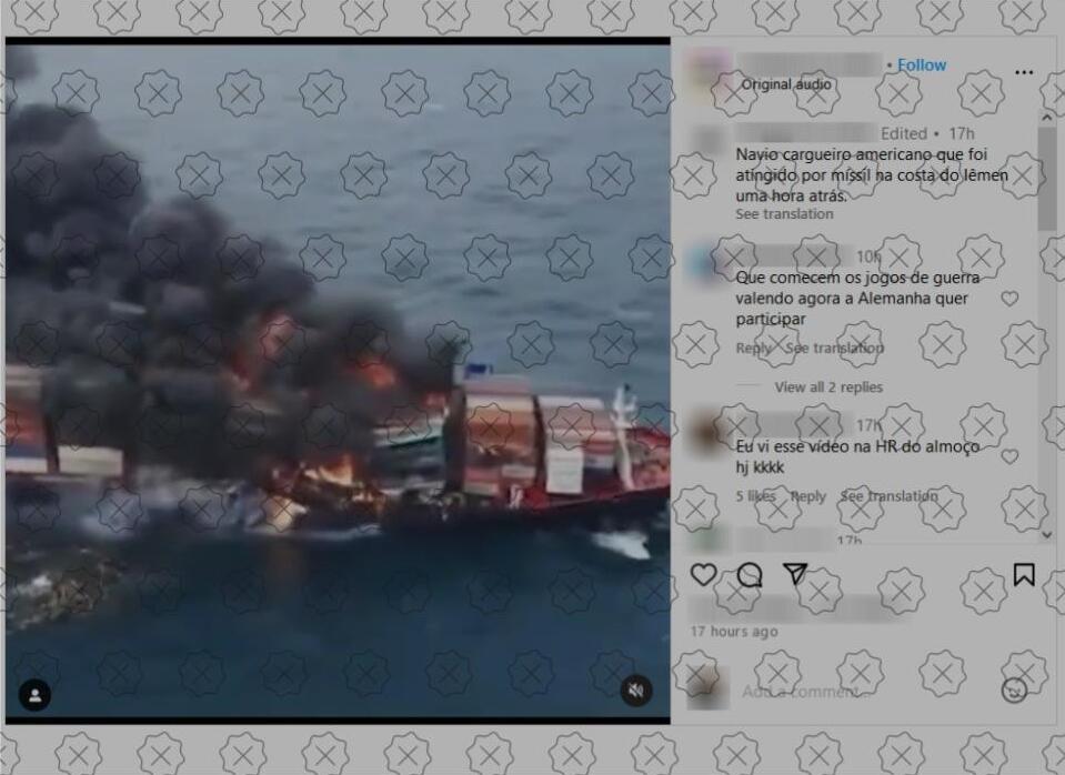 Vídeo que mostra um navio cargueiro de Singapura, que foi destruído por um incêndio na costa do Sri Lanka, em 2021, tem sido difundido nas redes como se mostrasse um navio americano atingido por um míssil na costa do Iêmen em janeiro de 2024