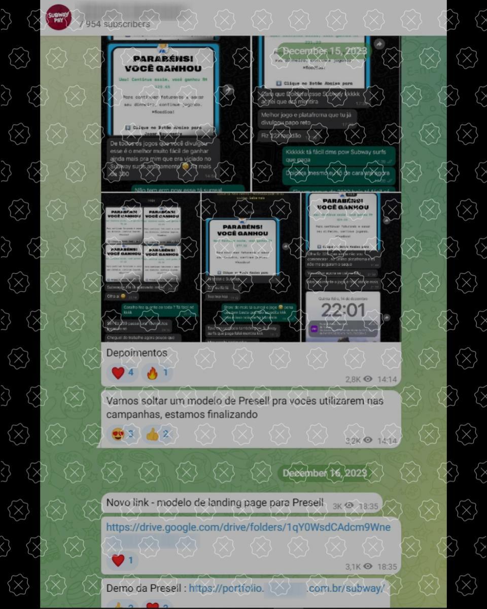 Print mostra mensagens em canais no Telegram, onde é possível se afiliar ao golpe