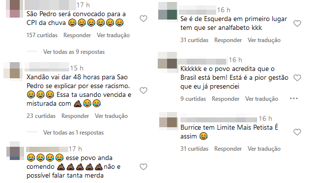 Seis exemplos de comentários no Instagram que atacaram a fala de Franco, como ‘São Pedro será convocado para a CPI da chuva’ e ‘tem que ser analfabeta’