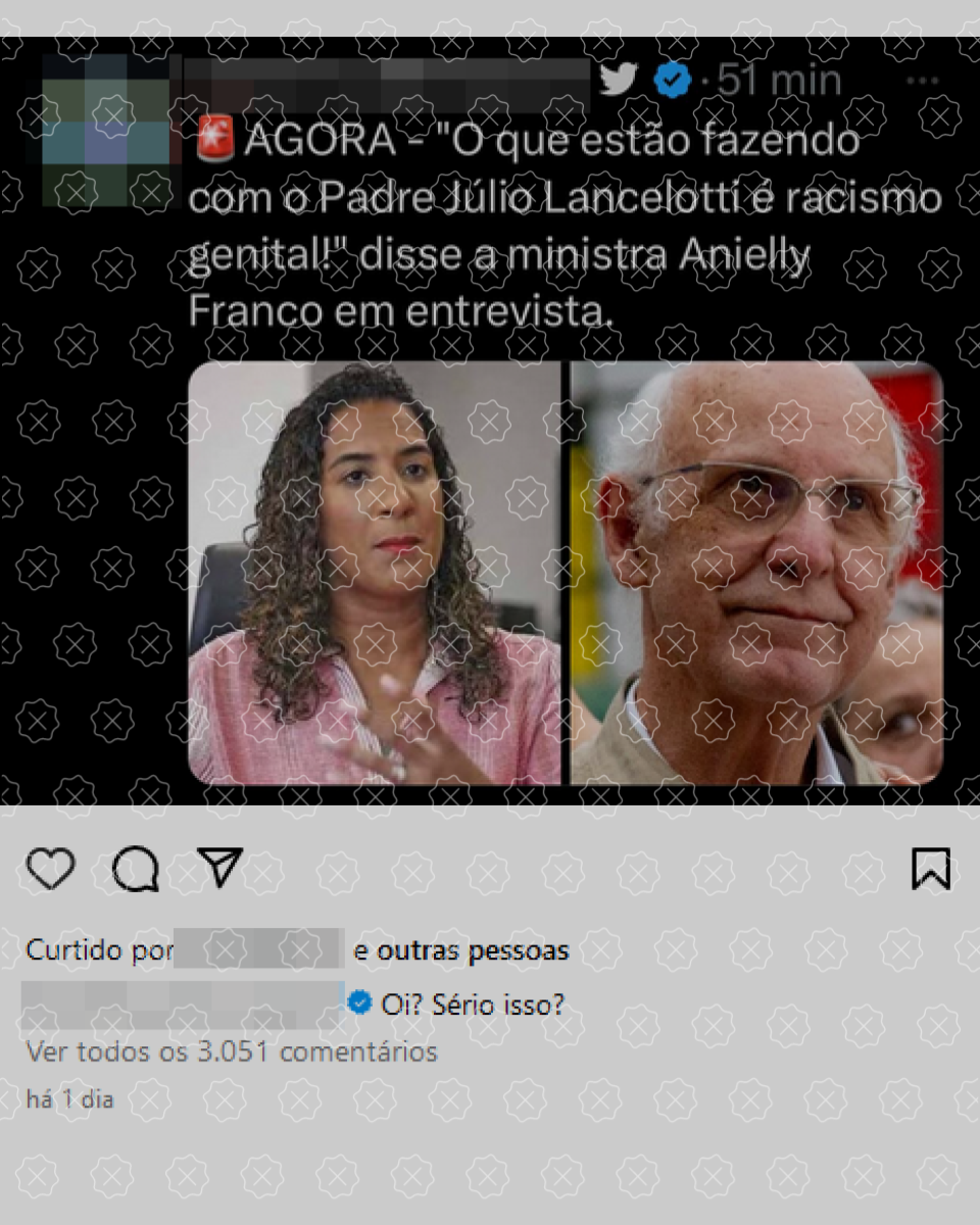 Fotos de Anielle Franco e Júlio Lancellotti circulam junto de falsa declaração; autora do post questiona ‘Oi? Sério isso?’