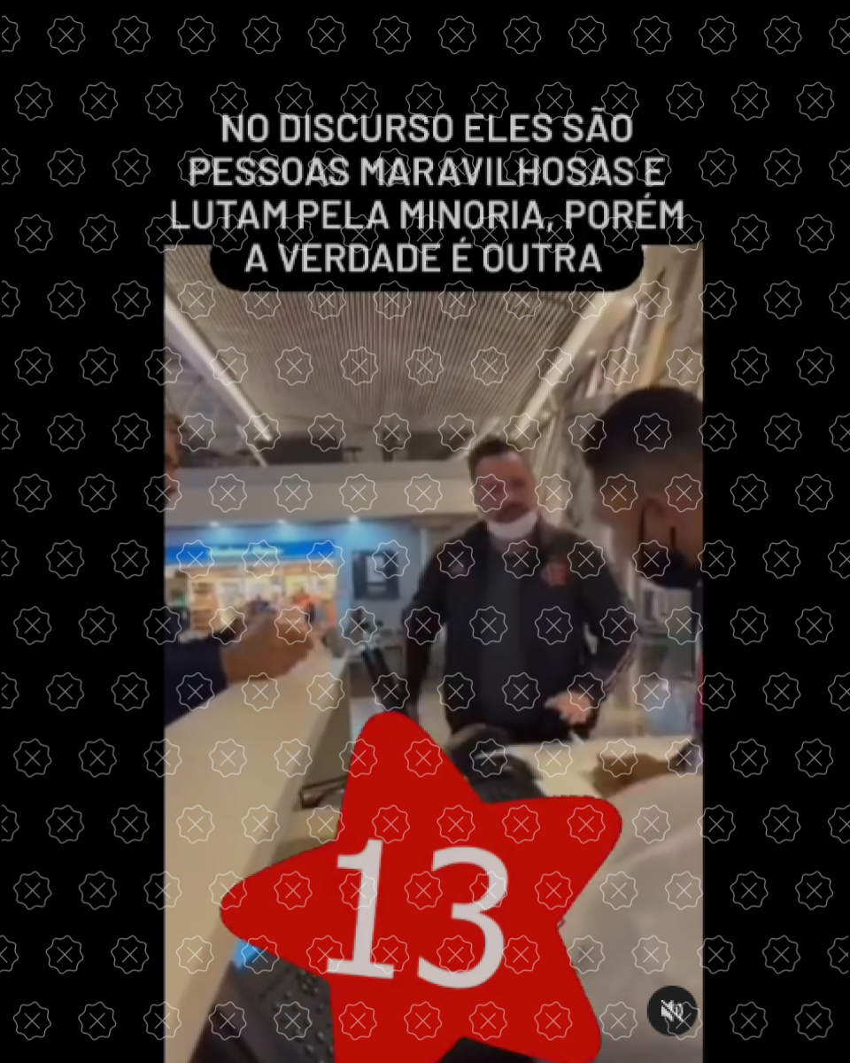 Vídeo de Alan Rick discutindo com funcionário do aeroporto circula com estrela vermelha com número 13 e legenda ‘no discuso, eles são pessoas maravilhosas’