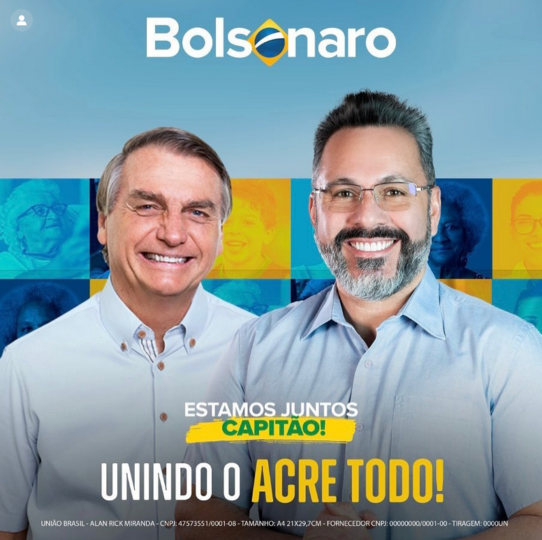 Propaganda eleitoral mostra Rick ao lado de Jair Bolsonaro; legenda diz 'Estamos juntos capitão!'.