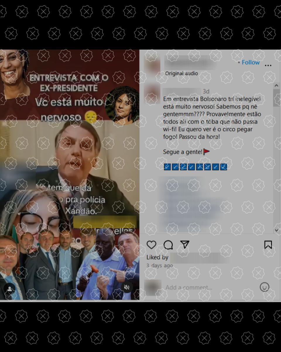 Posts compartilham live antiga de Bolsonaro como se fosse entrevista recente na qual o ex-presidente reagiu de maneira agressiva sobre suposta relação com o assassinato de Marielle Franco