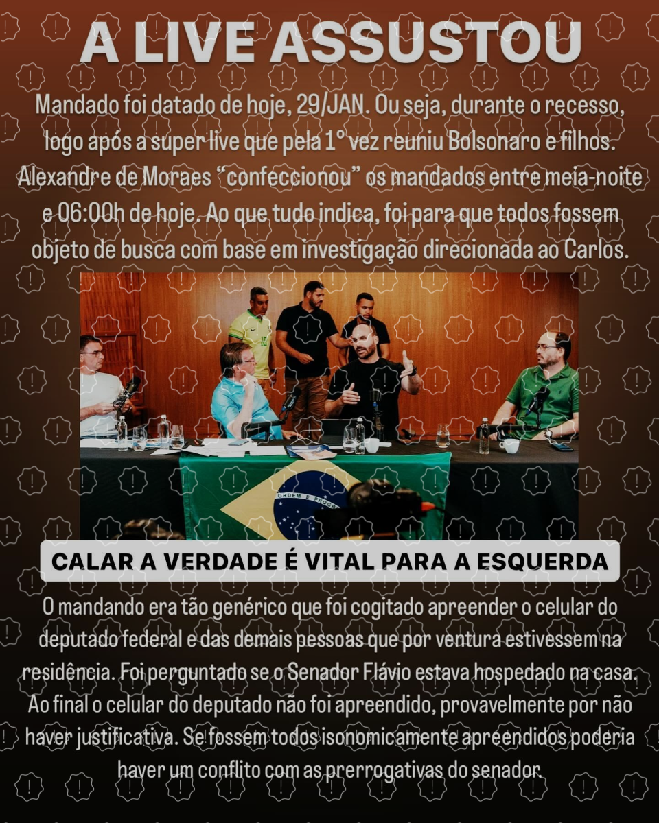 Print da ‘superlive’ de Bolsonaro circula junto de mensagem que sugere que Moraes autorizou busca e apreensão depois de transmissão