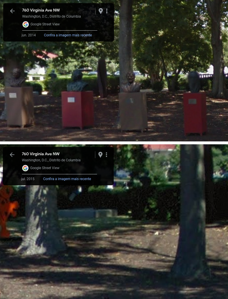  Imagem superior mostra jardim da OEA com bustos de personalidade em junho de 2014; imagem inferior mostra o mesmo local em julho de 2015, já sem as obras