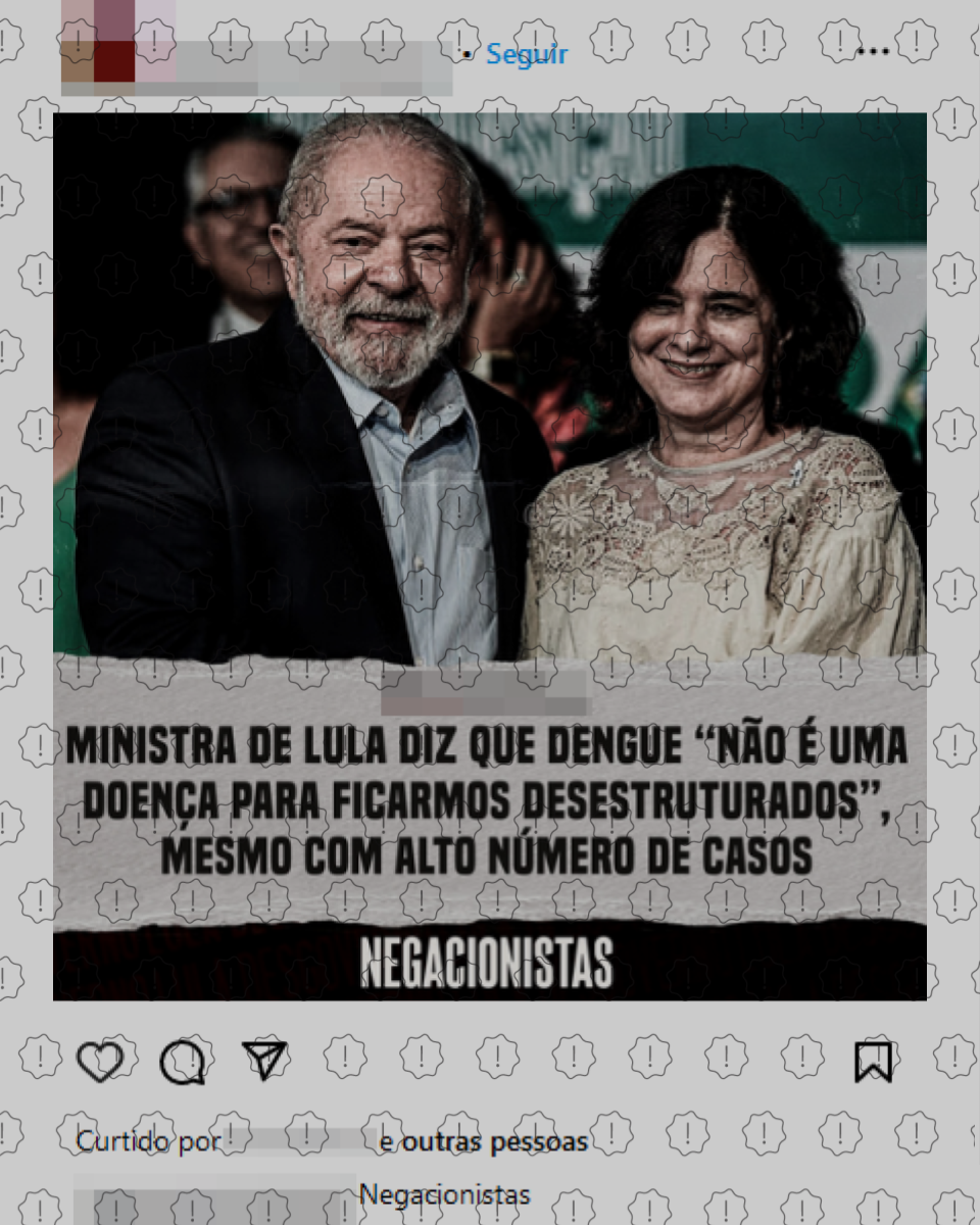 Post no Instagram mostra foto de Lula e Nísia Trindade; abaixo, legenda diz que os dois seriam ‘negacionistas’