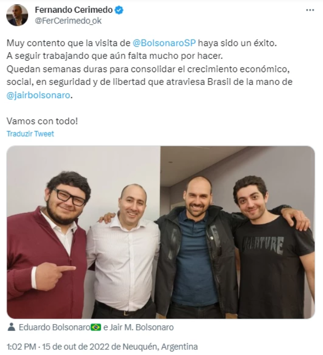 Post do dia 15 de outubro de 2022 mostra Eduardo Bolsonaro ao lado de Fernando Cerimedo