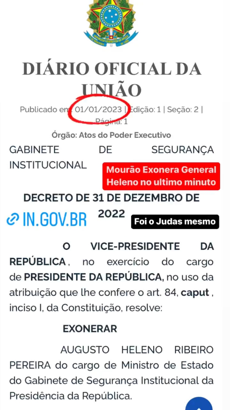 Print de decisão no Diário Oficial sobre exoneração de Augusto Heleno que circulou no WhatsApp.