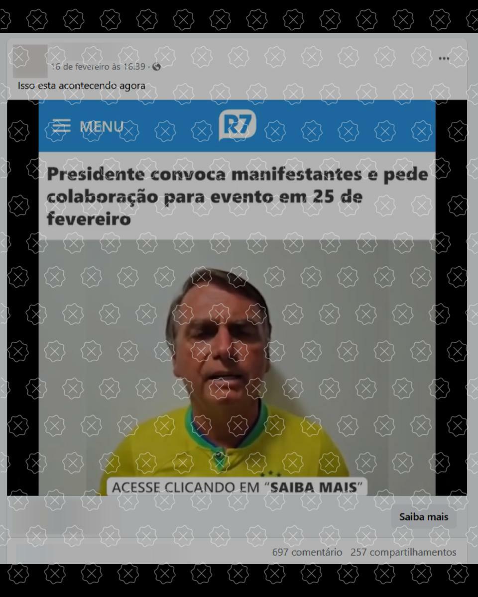 Posts difundem vídeos falsificados de convocação de Bolsonaro para ato político na Avenida Paulista para fazer crer que ex-presidente pediu ajuda financeira para custear o evento, o que é falso.