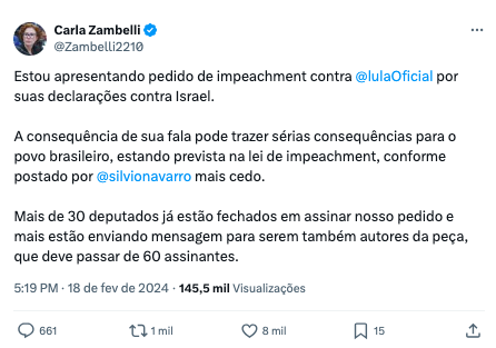 Print de publicação no X em que a deputada Carla Zambelli afirma que pedirá impeachment do presidente Lula