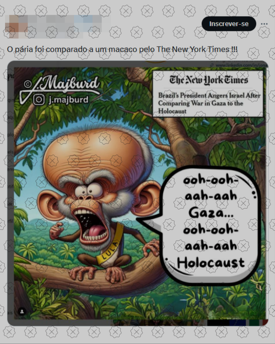 Charge racista mostrando Lula como um macaco, feita por IA, circula junto de título de reportagem do New York Times