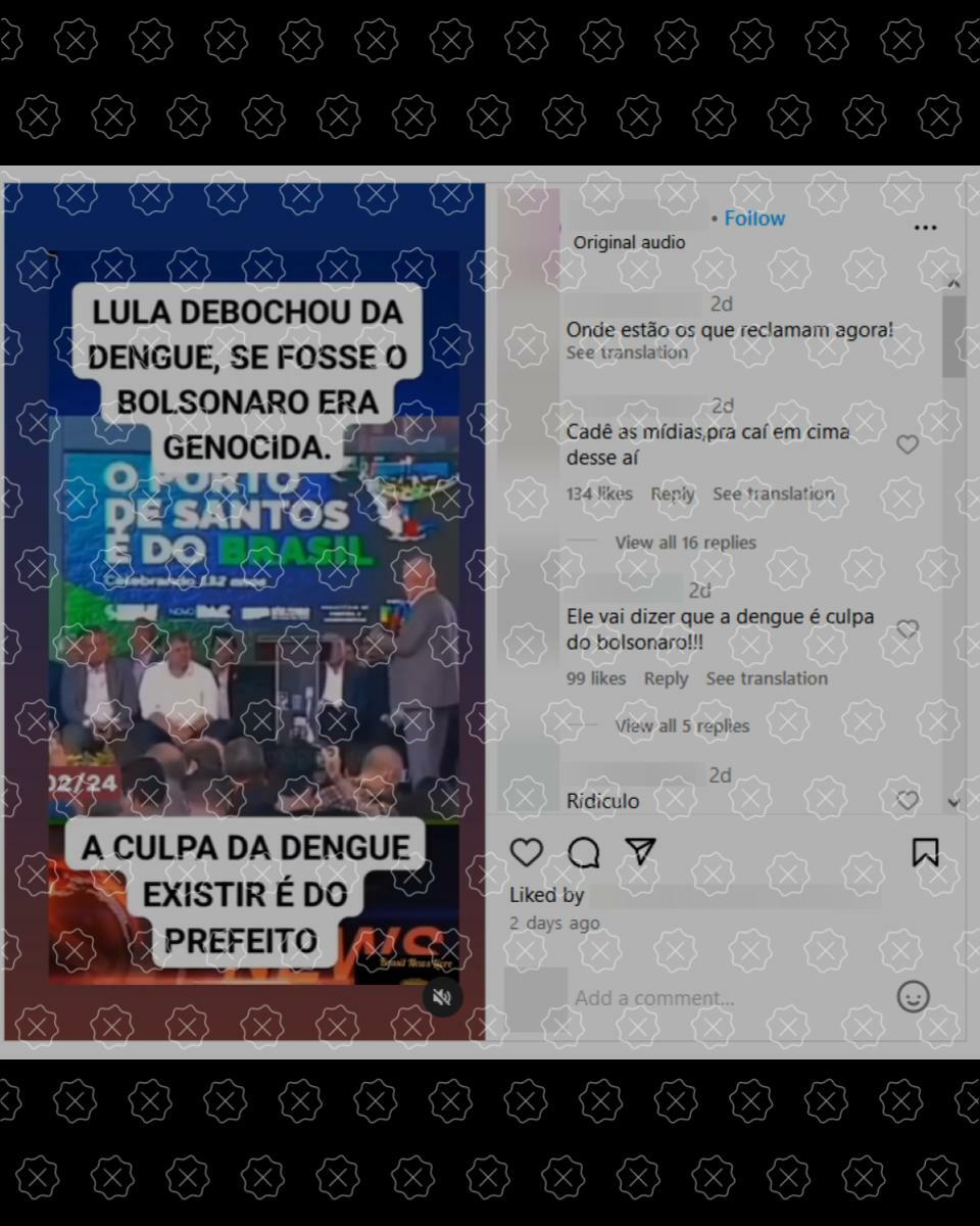 Fala editada de Lula circula nas redes para fazer crer que presidente culpou apenas prefeitos por casos de dengue