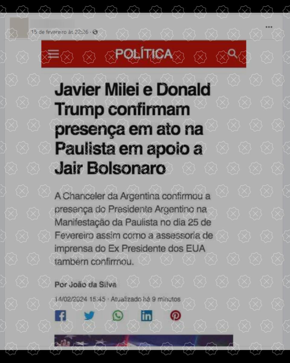 Posts compartilham print falso do g1 para fazer crer que o portal noticiou que Milei e Trump confirmaram presença em ato na Paulista no domingo (25)