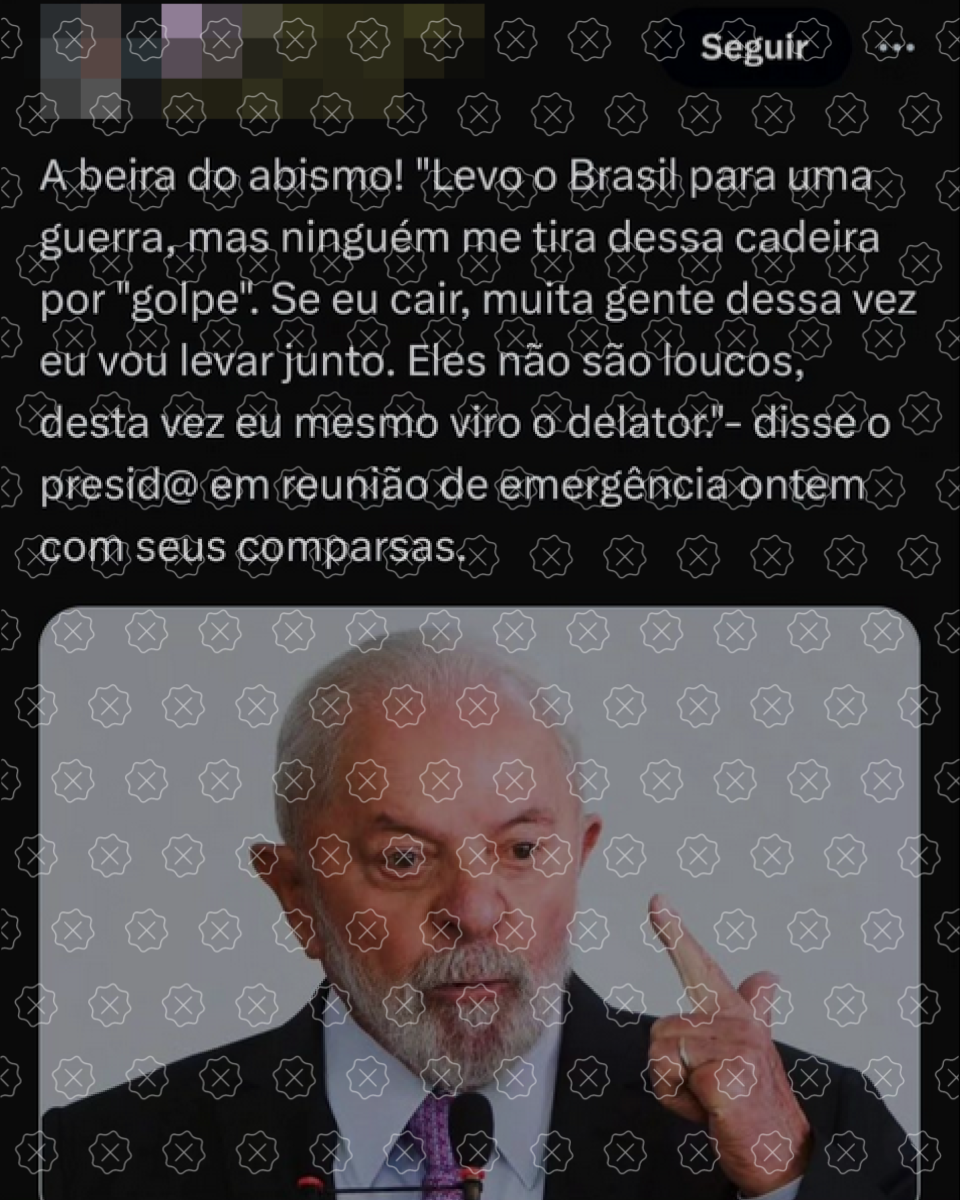 Post mostra foto de Lula com o indicador apontado para cima; legenda traz fala apócrifa