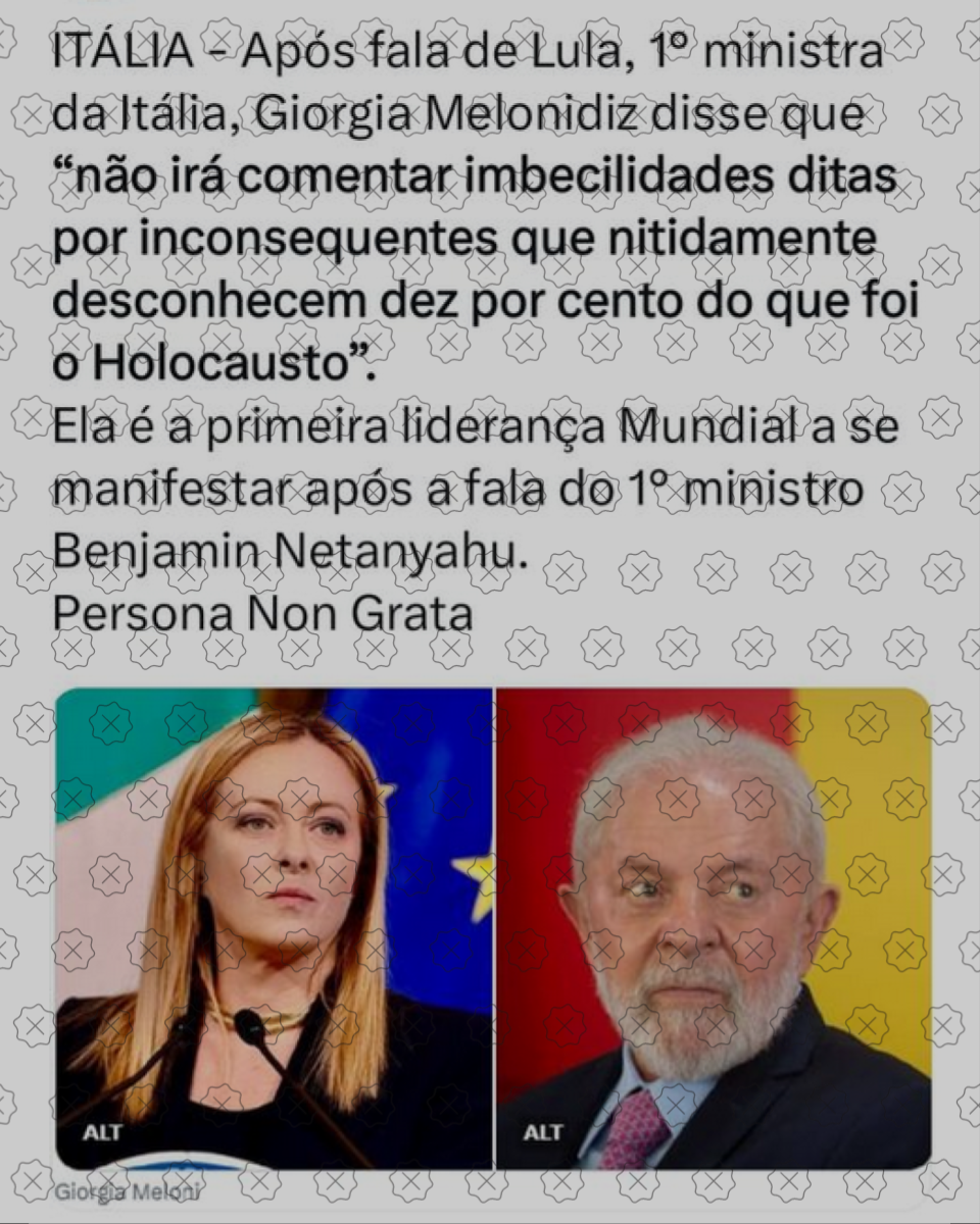 Fotos de Meloni e Lula acompanham tweet com fala falsa do presidente brasileiro