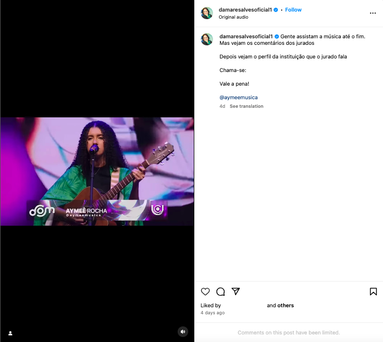 Publicação da senadora Damares Alves com vídeo de Aymeê Rocha no reality show Dom