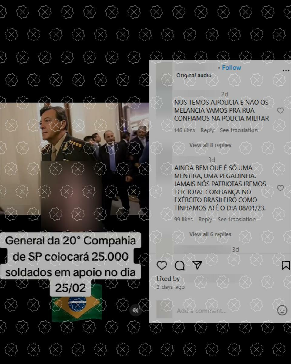 Post que mostra imagem de militar é acompanhado de legenda que afirma que 25 mil soldados serão enviados a São Paulo para participar de ato convocado por Bolsonaro