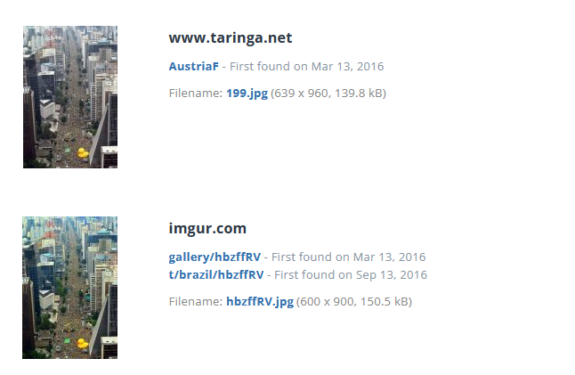 Resultado da busca na ferramenta TinEye mostra que mesma foto aparece em sites desde março de 2016