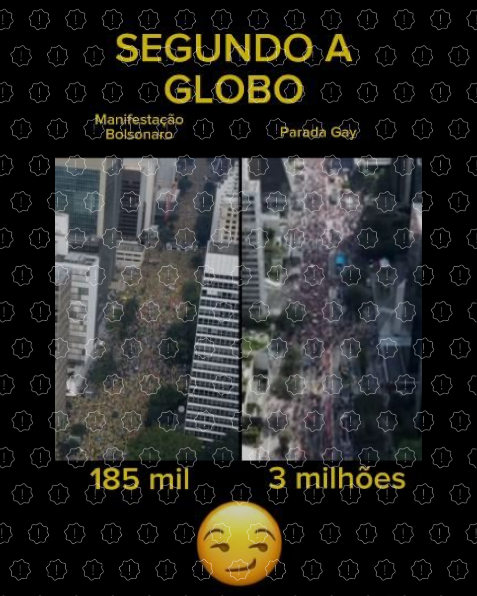 Do lado esquerdo, imagem do ato bolsonarista do dia 25 vem acompanhada dos dizeres ‘185 mil’; do lado direito, imagem da Parada 2023 com legenda ‘3 milhões’