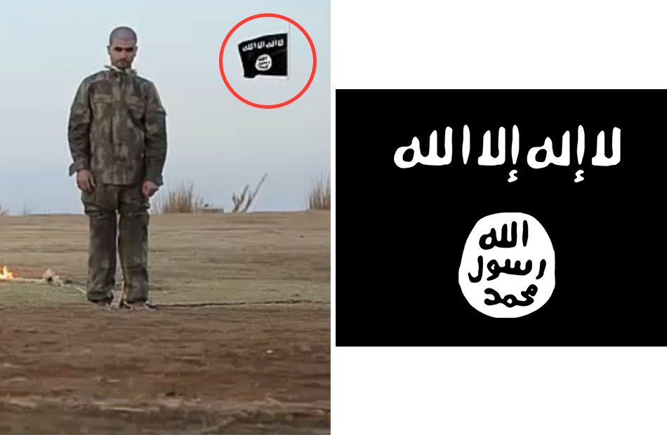 Do lado esquerdo, frame do vídeo mostra prisioneiro em pé e um círculo vermelho indica a presença de uma bandeira. Do lado direito, há a bandeira do Estado Islâmico.