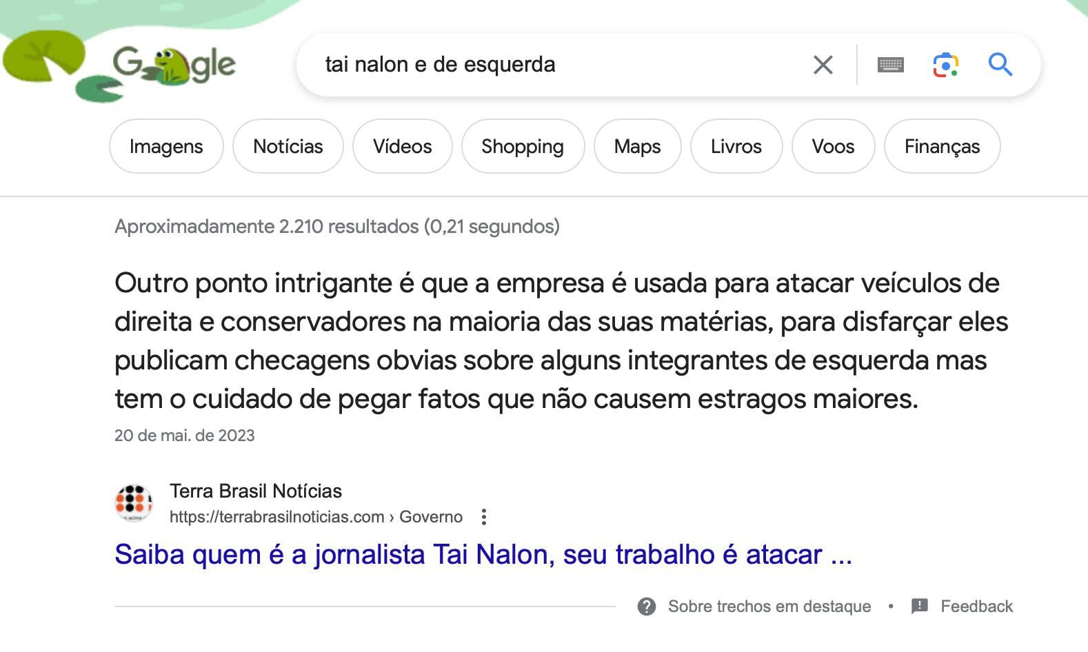 Trecho em destaque de busca do Google mostra texto desinformativo sobre Tai Nalon