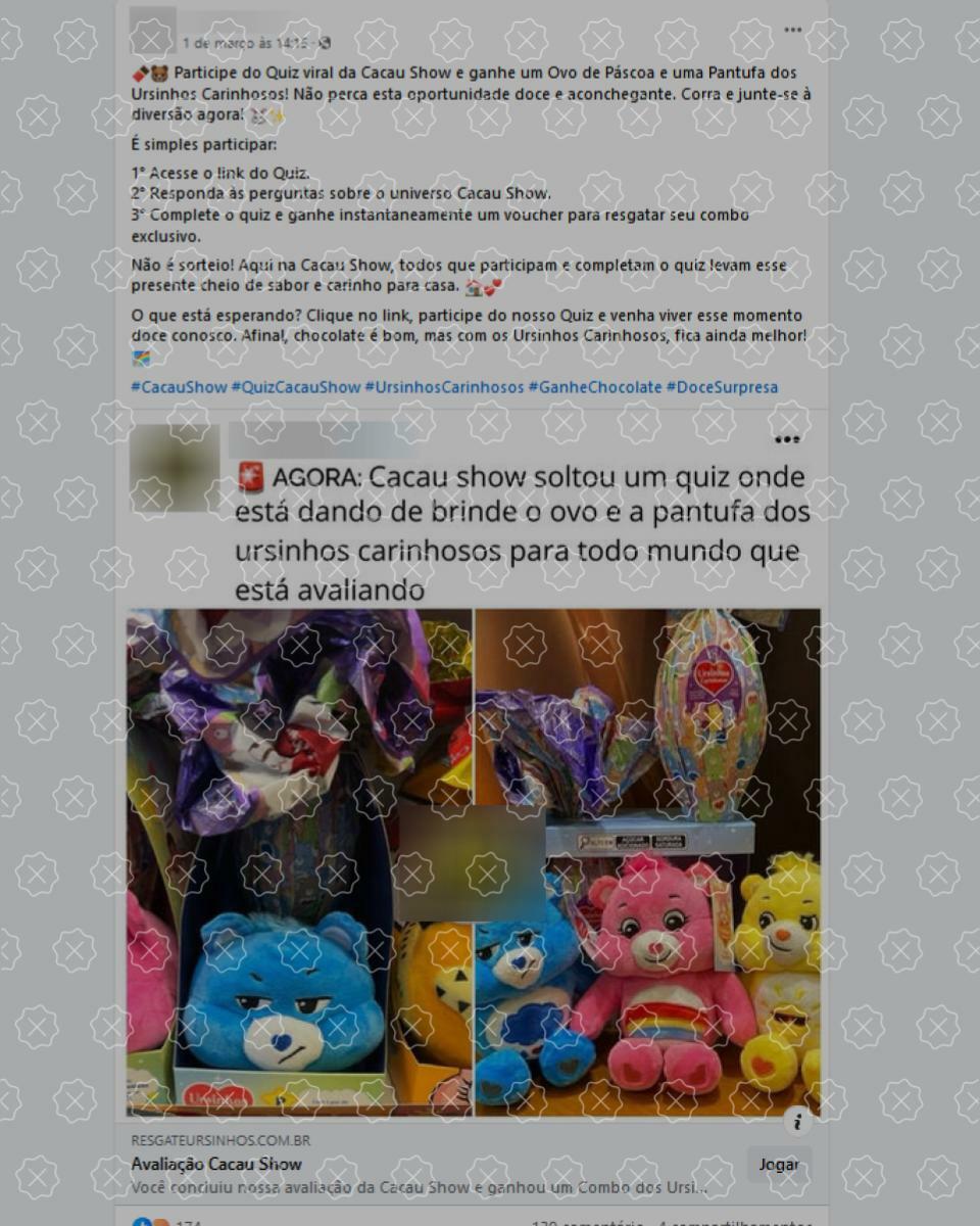 Posts difundem enganam ao afirmar que Cacau Show está distribuindo ovos de Páscoa e pantufas a quem responder a questionário; trata-se de golpe.