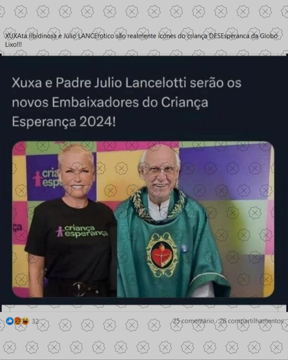 Publicação no Facebook mostra Xuxa ao lado de Júlio Lancellotti junto de legenda enganosa