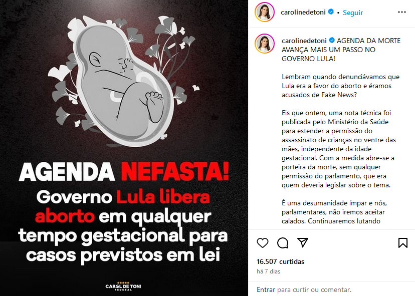 Publicação no Instagram de De Toni diz que ‘governo lula libera aborto em qualquer tempo gestacional para casos previstos em lei’