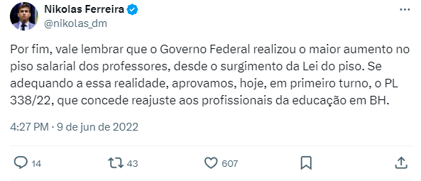 Post em que o deputado Nikolas Ferreira afirma que Bolsonaro concedeu o maior aumento da história do piso salarial dos professores