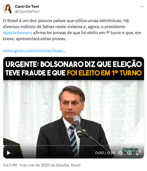 De Toni compartilhou trecho de fala de Bolsonaro no qual ele diz que foi eleito no primeiro turno de 2018