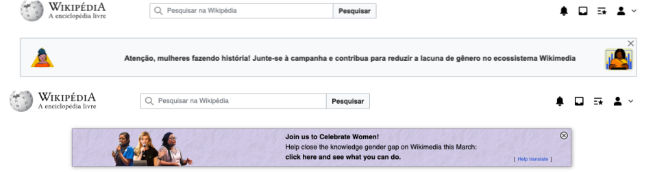 Banner presente em página da Wikipédia mostra imagens de três mulheres e convida usuários a combaterem lacunas de gênero na plataforma