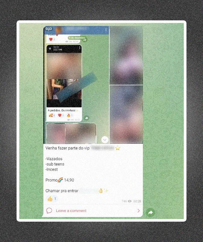 Captura de tela mostra o anúncio contendo pornografia infantil difundido pelo usuário “Rei índio” no Telegram