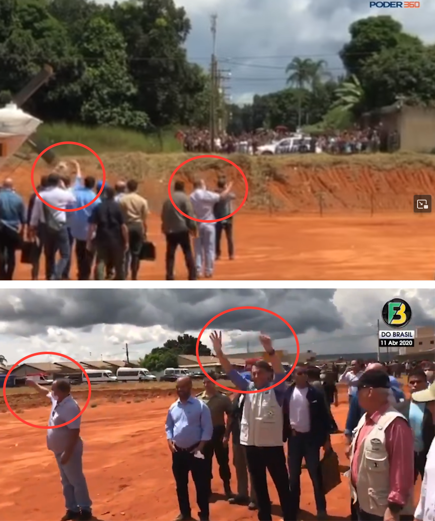 Imagem de cima mostra Bolsonaro acenando para multidão; imagem de baixo mostra o ângulo que circula nas redes e não mostra a aglomeração de pessoas