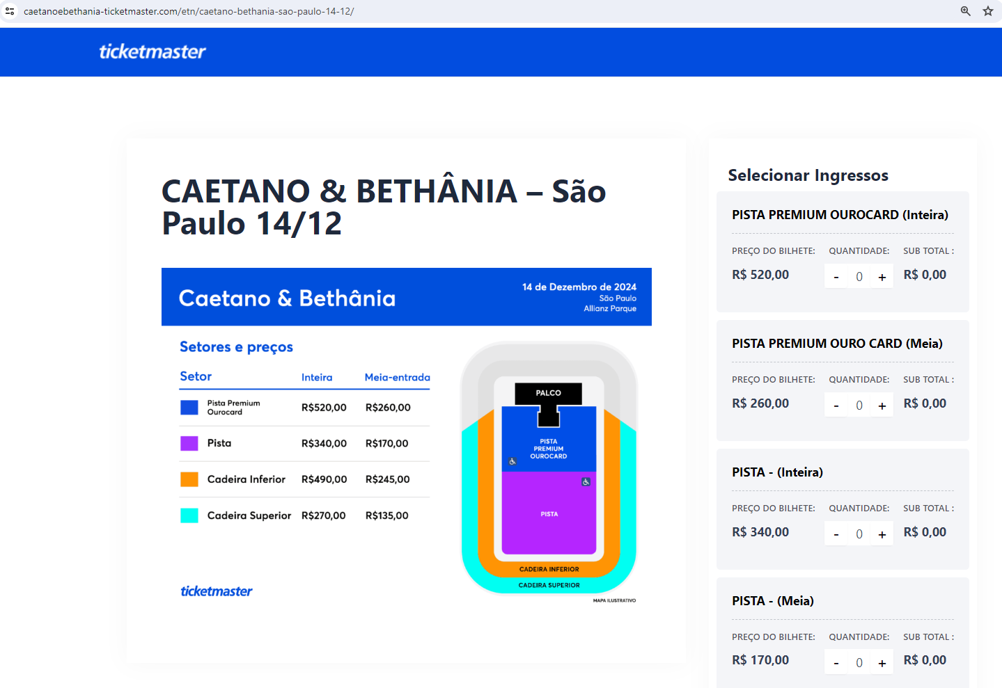 Print de página golpista copia o cabeçalho do site da Ticketmaster e mostra os setores de um estádio indicados por cores. Na coluna à esquerda, são exibidos os tipos de ingresso que o consumidor pode escolher, cujos valores chegam a R$ 520.
