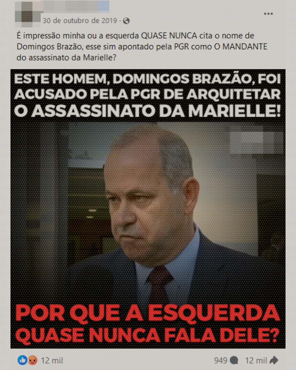 Post no Facebook publicado no dia 30 de outubro de 2019 mostra foto de Brazão com legenda ‘por que a esquerda quase nunca fala dele?’
