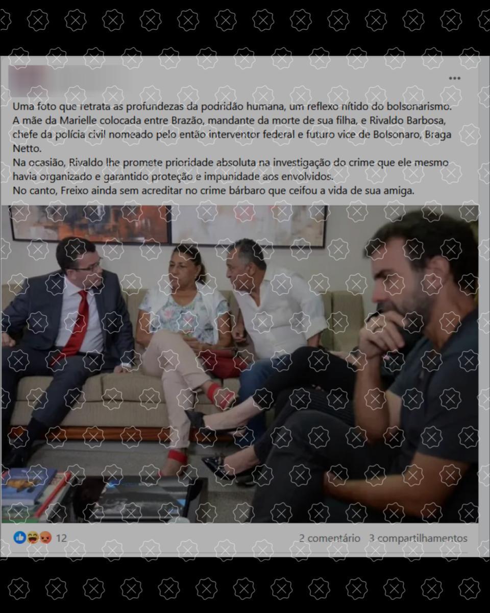 O homem que aparece à direita de Marinete da Silva em foto compartilhada nas redes sociais não é Domingos Brazão, e sim Antônio Francisco da Silva Neto, pai de Marielle Franco.