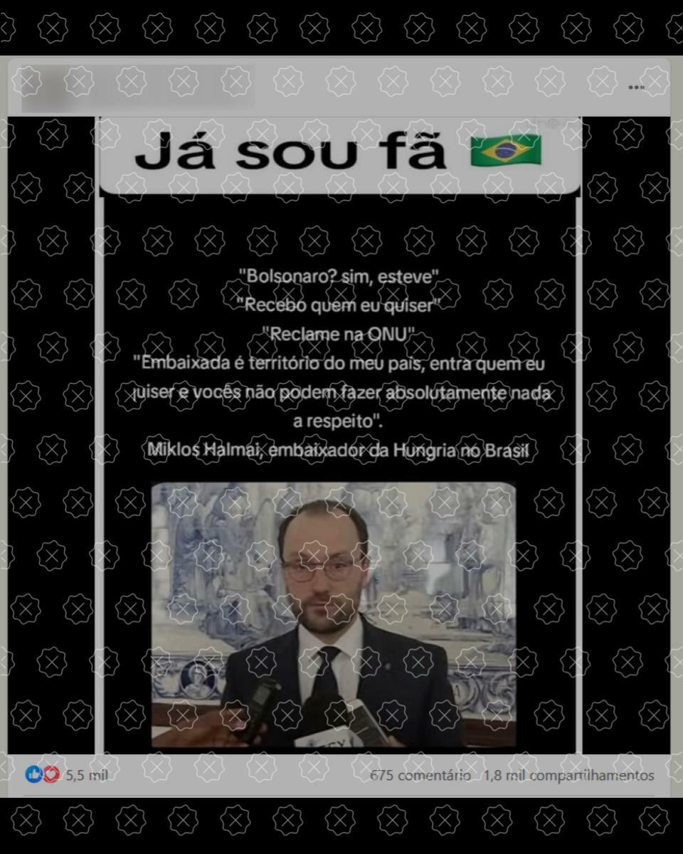 Posts difundem imagens com supostas declarações de Miklós Halmai sobre visita de Bolsonaro à imprensa; não há registros públicos, no entanto, que o diplomata tenha dado as declarações