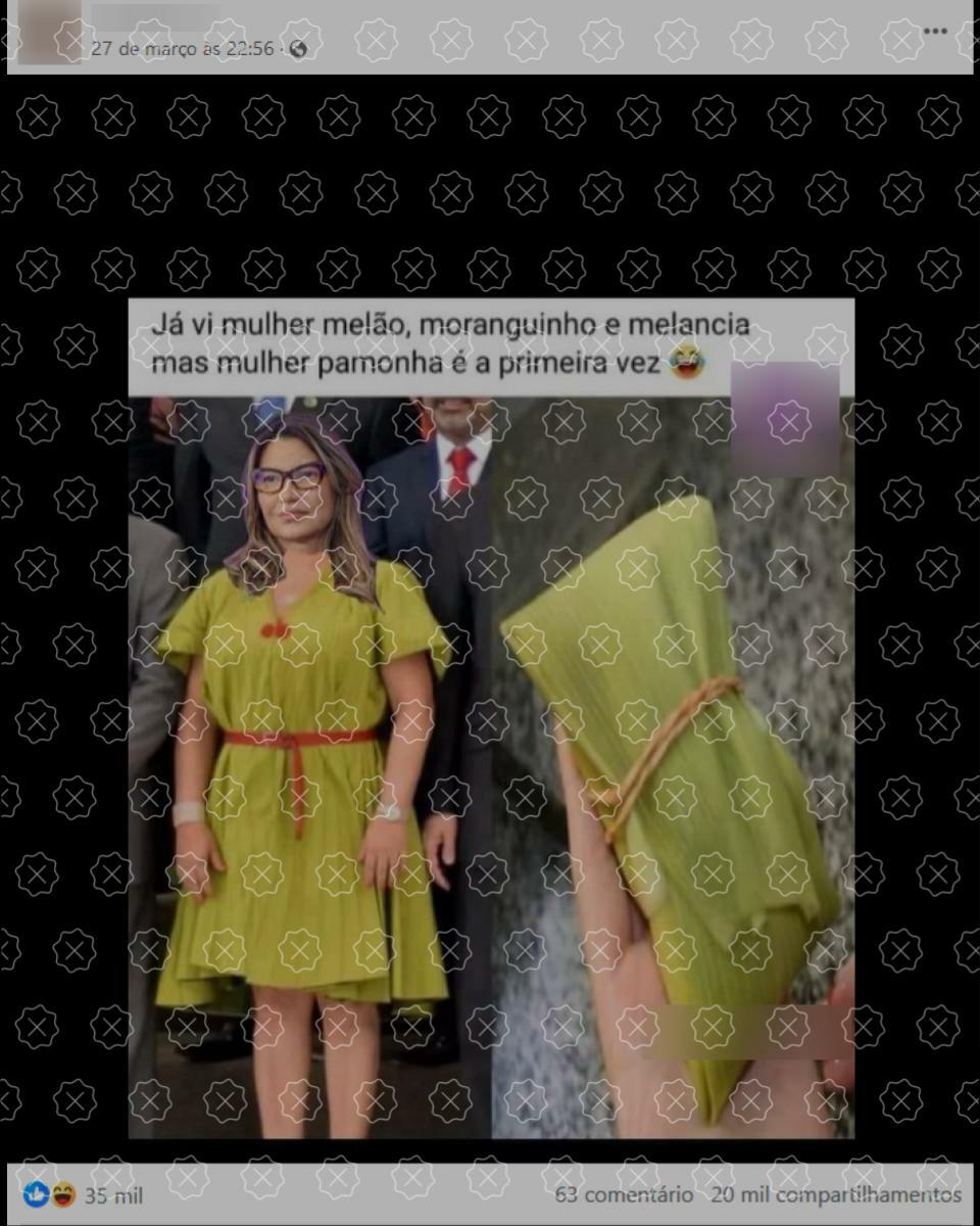 É montagem a foto em que Janja aparece usando um vestido verde que tem sido comparado nas redes sociais a uma pamonha; registro original mostra a ex-senadora Kátia Abreu